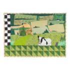 Pièce d'art textile Le 3e rang. Vue des champs dans les vallons de la campagne des Appalaches avec une vache blanche et noire en premier plan.