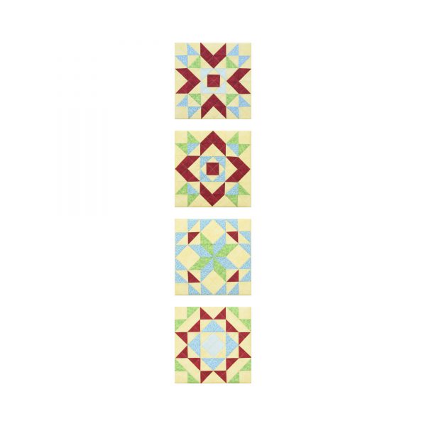 Tableaux d'art textile Quadrille. Quatre blocs de courtepointe placés à la verticale l'un au dessus de l'autre.