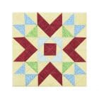 Textile Art canvas Quadrille No 1. Quilt block with yellow, red, blue, green squares, and triangles.