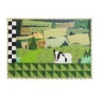 Piece of textile art The 3rd road. View of fields in the valleys of the Appalachian countryside with a white and black cow in the foreground.