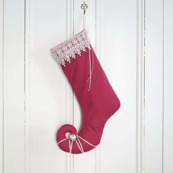 Christmas stocking Princess Cyrielle, red with lace and white ribbons.