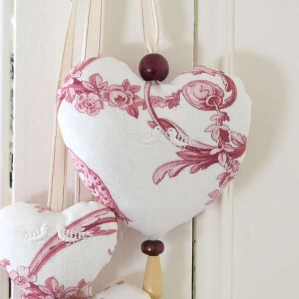 Heart from the Adelaide trio in red and white toile with embroidery of birds.