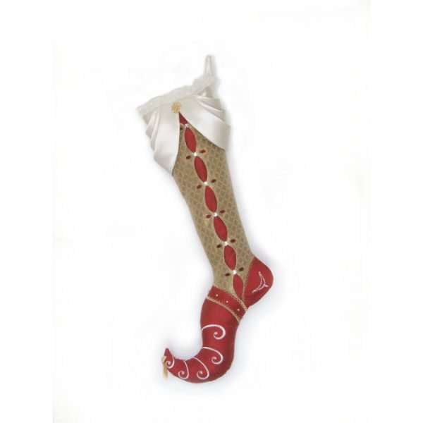 Christmas stocking Artanis made with luxurious fabrics: gold jacquard, white satin, red silk, white organza, embroidery and stones.