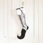 Christmas stocking in silver lamé fabric, black velvet and white satin.