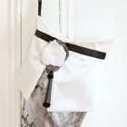 Elf stocking Estrella detail, white satin collar with black ribbon, organza flower and black wood pearl.