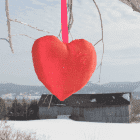 Coeur en soie rouge devant un paysage d'hiver avec une vieille grange.