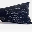 Detail of the pillow Trace of history,jacquard fabric with Latin text.