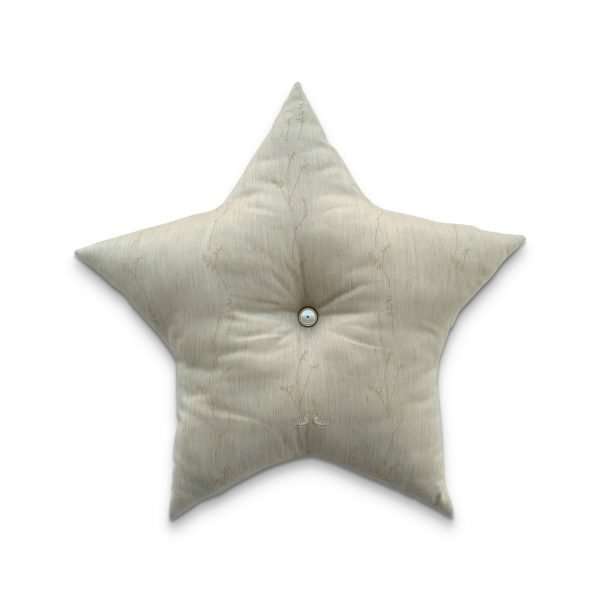 Back of the cushion star Bella , beige jacquard with fine flowers, bird embroidery, padded with a silver button.