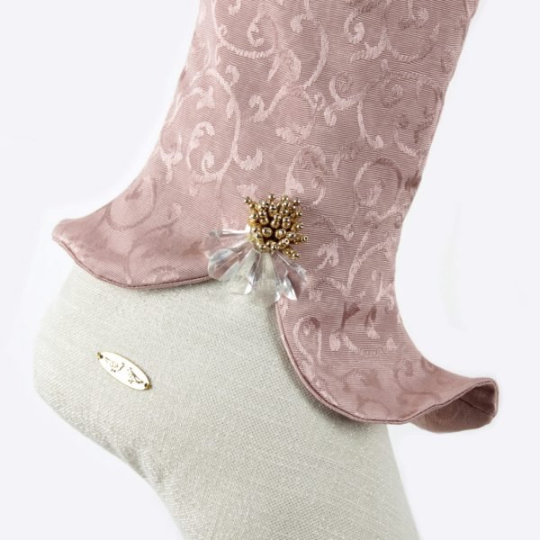 Ankle Christmas stocking Roselia, pink jacquard scalloped leg border on off-white foot with gold and transparent jewel
