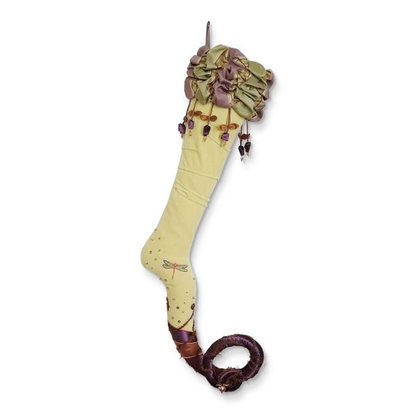 Elf stocking Zana chartreuse green and purple with dragonfly and bell flowers