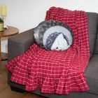 Red throw on a sofa with a grey cat cushion