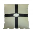 Cushion The Nightingale - back of the cushion with black ribbons on beige background