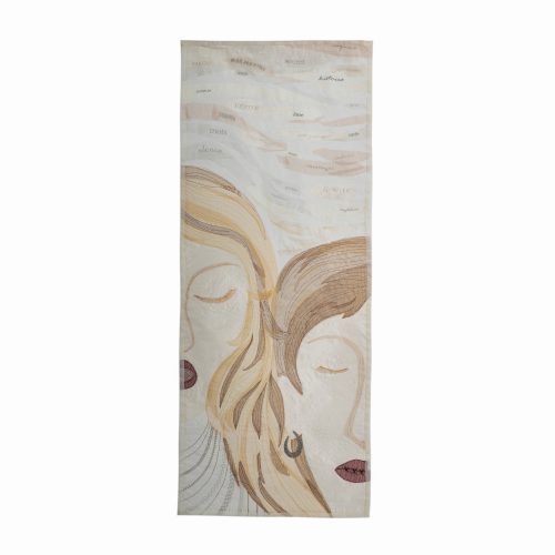 Pièce d'art textile montrant 2 visages avec une série de mots sur la communication