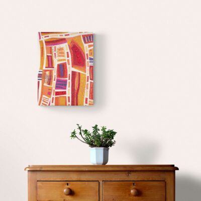 Tableau art textile Passages - art abstrait orange, jaune, rouge, violet, rose