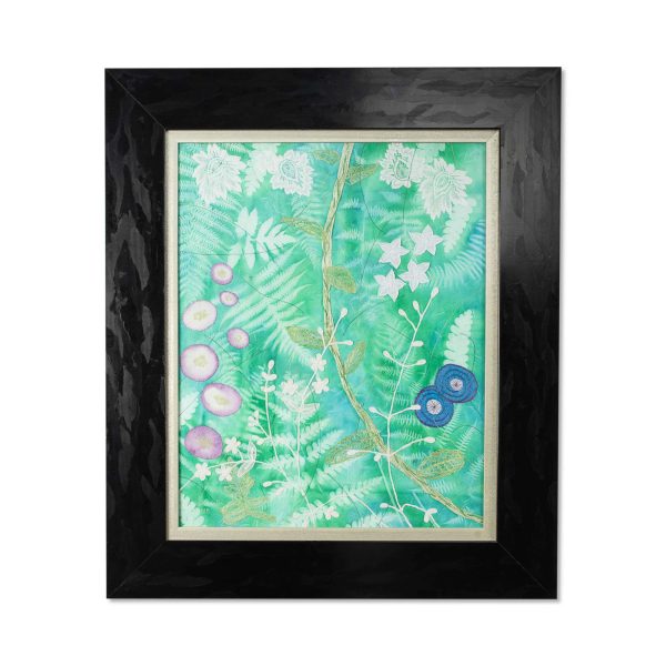 Textile artwork Faire sa place - Vegetation and flowers of undergrowth in lace, silk, linen on a cyanotype background