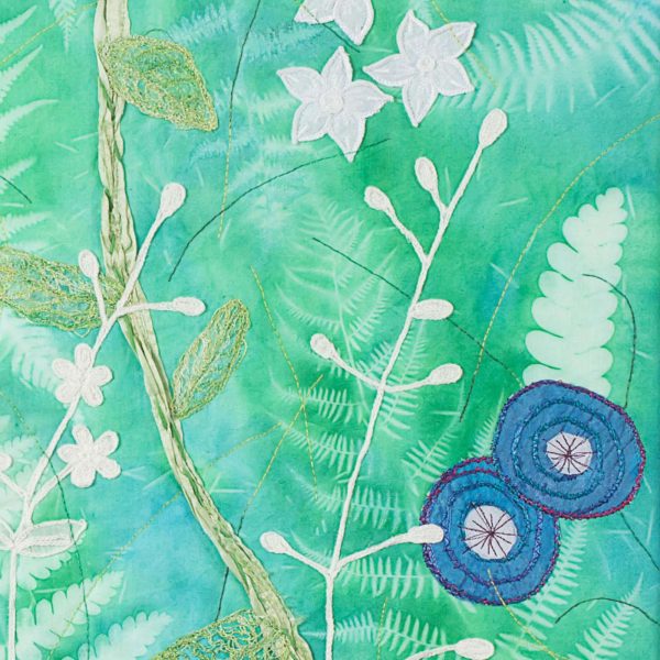 Detail of the artwork Faire sa place - Silk, embroidery, lace on cyanotype - flowers and ferns