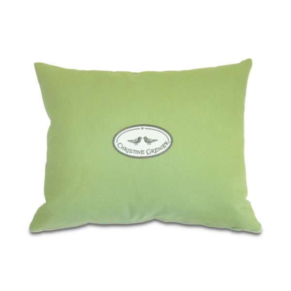 Back of the pillow Le troubadour in green with Christine Grenier's signature