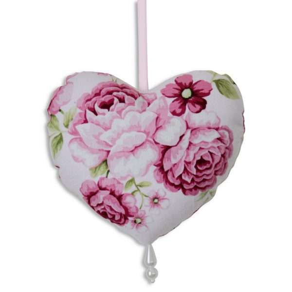 Fabric heart to hang with rose motifs and beads