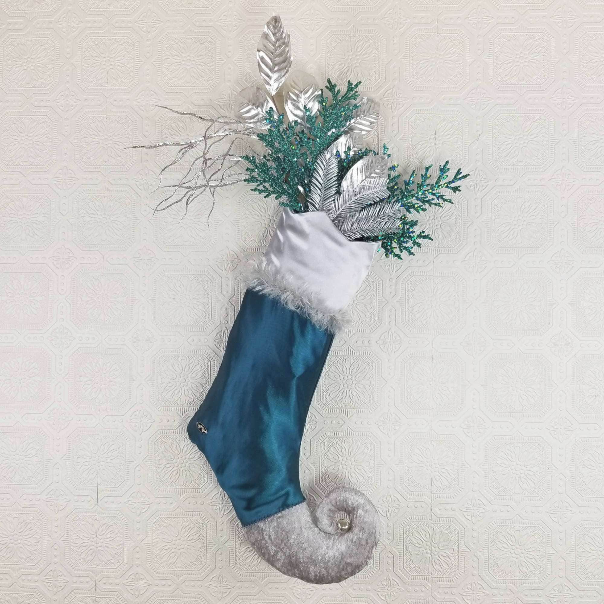 Christmas stocking Comet turquoise and silver decorated with branches and leaves