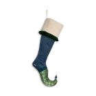 Willi Christmas stocking in blue and green jacquard with an ivory bouclé fabric cuff edged with forest-green fringe.