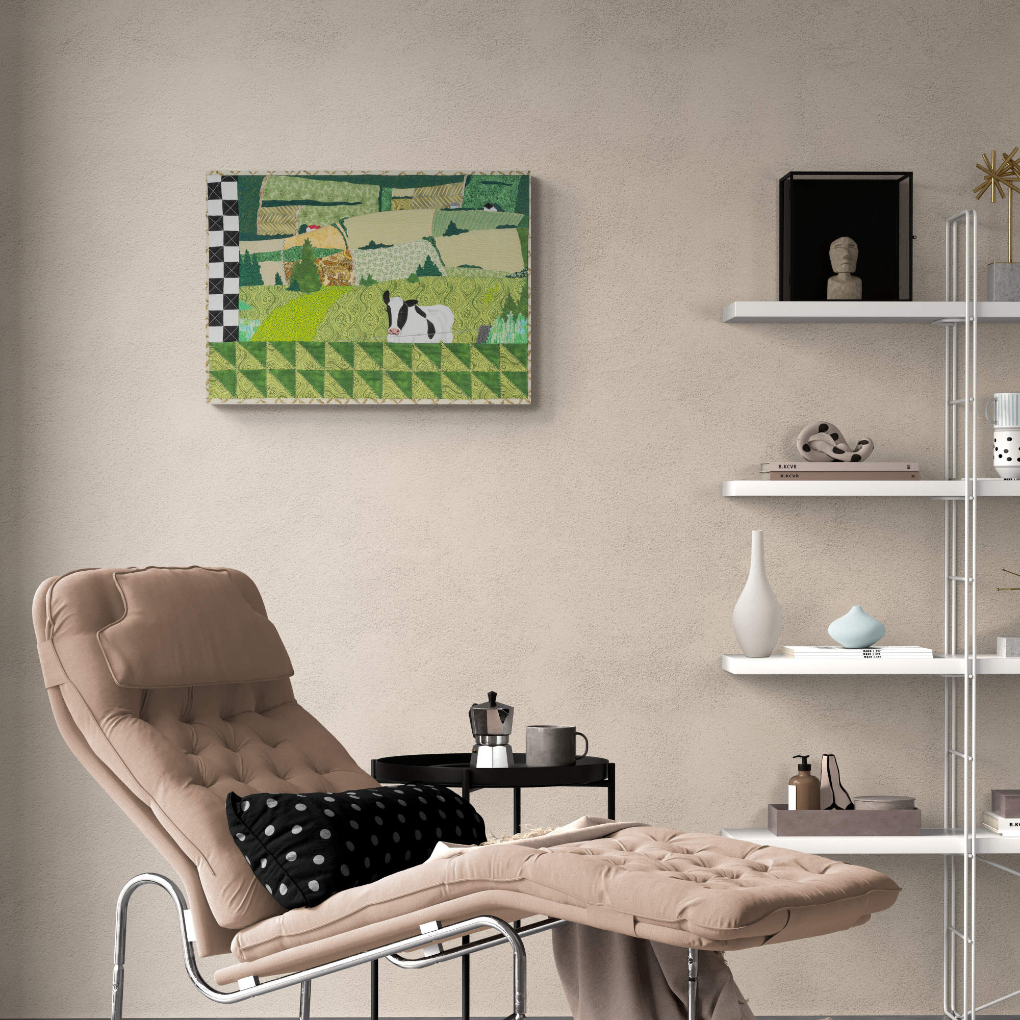 Textile artwork Le 3e rang on an off-white wall above a lounge chair and beside a shelf.