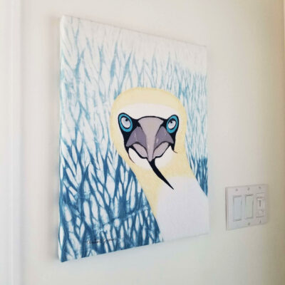 Tableau d'art textile Le fou par Christine Grenier, monté sur une toile d'artiste.