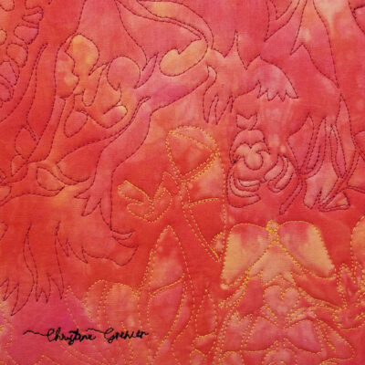 Détail d'un tableau en tissu teint avec broderie machine, Art abstrait de Christine Grenier