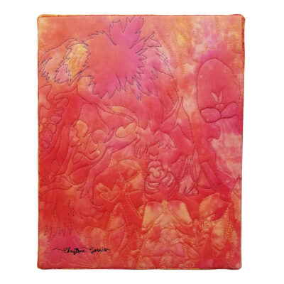 Tableau d'art abstrait Secret enfoui par Christine Grenier. Rouge, orange, jaune, rose.