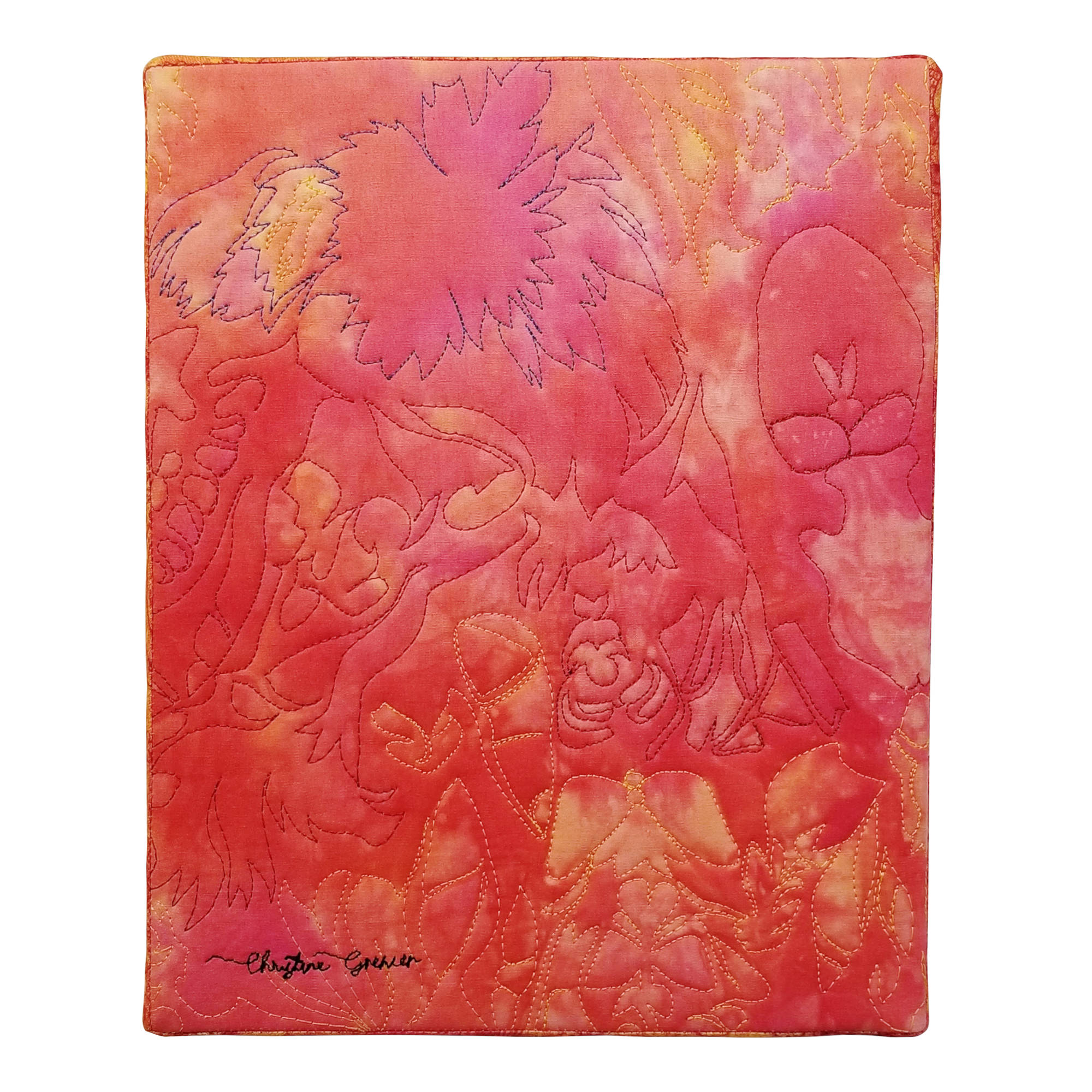Tableau d'art abstrait Secret enfoui par Christine Grenier. Rouge, orange, jaune, rose.