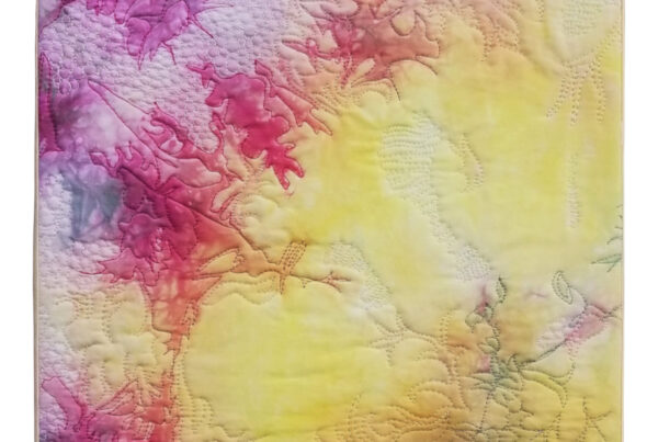 Square abstract art painting in pink and yellow. Textile and embroidery. Souvenir d'un rêve (Memory of a Dream) by Christine Grenier