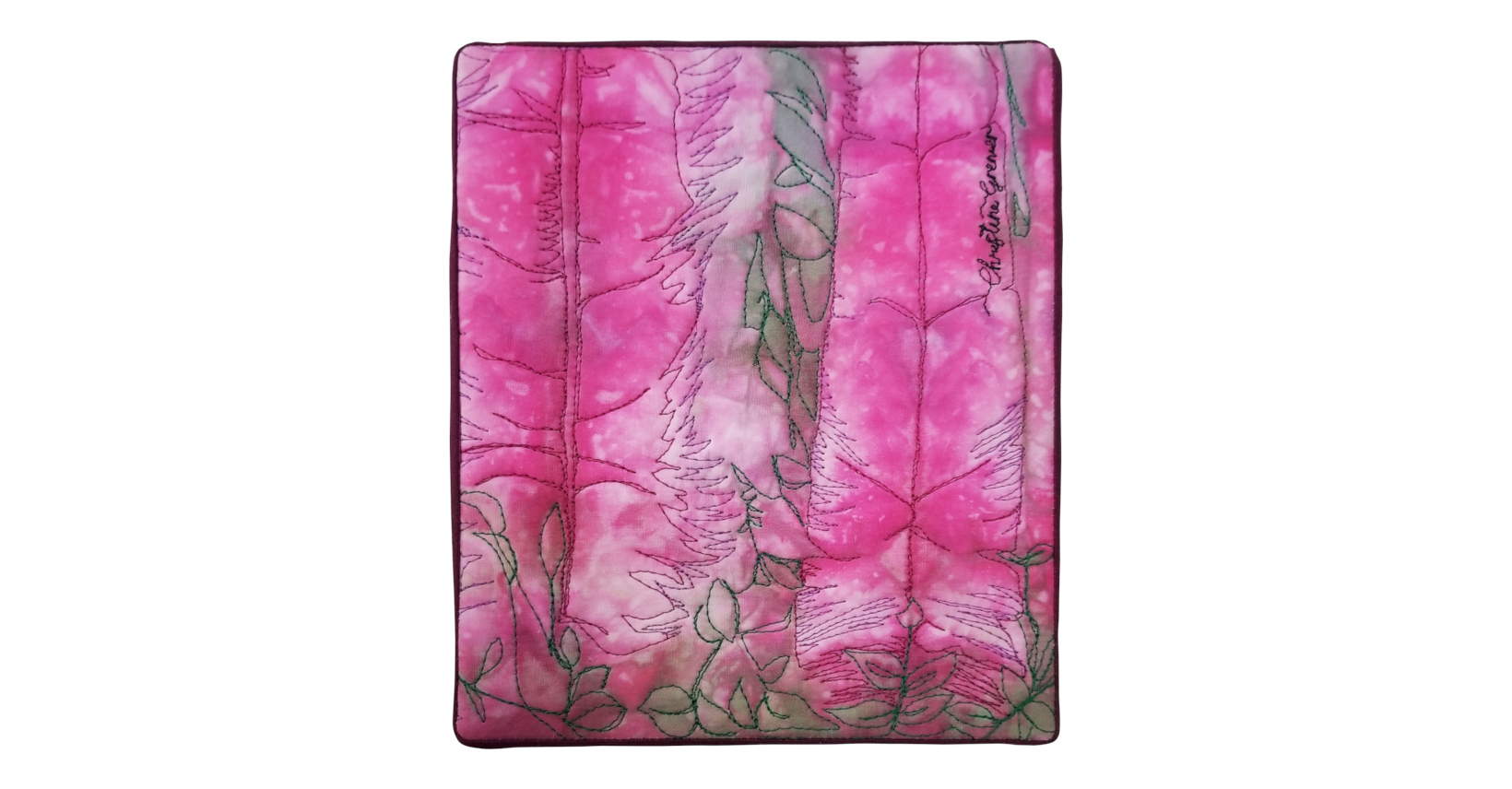 Odeur d’été,tableau en tissu,art textile,œuvre d’art textile,pièce unique,fait main au Québec,textile contemporain,peinture textile abstraite,matelassage à la machine,teinture,décoration artistique,tableau végétal abstrait,couleurs rose jaune vert blanc,collection Les mémoires oubliées,œuvre abstraite,cadeau artistique,mémoire,souvenir,enfance