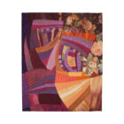 Tableau abstrait d'art textile La Bête représentant l'ombre et la lumière. Contraste de couleurs sombres de plusieurs tons de violets et lumineux de plusieurs tons de orange.