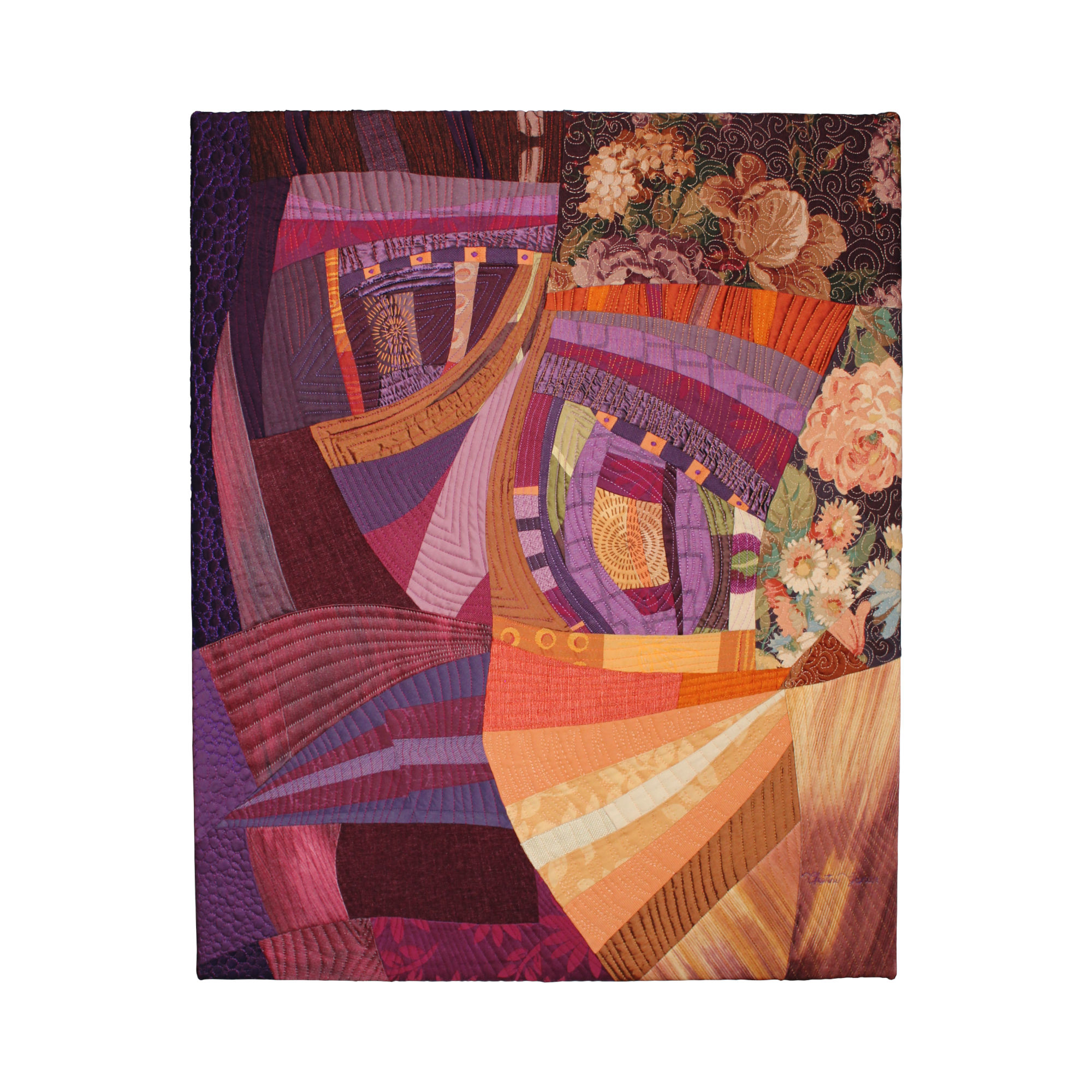 Art-textile-la-bete-christine-grenier Tableau abstrait d'art textile La Bête représentant l'ombre et la lumière. Contraste de couleurs sombres de plusieurs tons de violets et lumineux de plusieurs tons de orange.