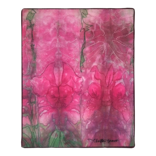 Tableau d'art textile abstrait Les traces de l'oubli. Rose, vert et violet suggérant un motif végétal mais non défini, comme dans l'oubli.