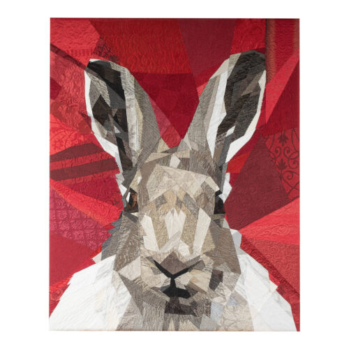 Tableau Nice to meet you, portrait d'un lièvre sur fond rouge. Art textile contemporain par Christine Grenier