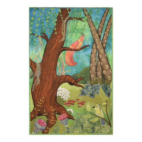 Paysage fantaisiste d'une forêt enchantée où deux oiseaux se font la conversation. Art textile de Christine Grenier.