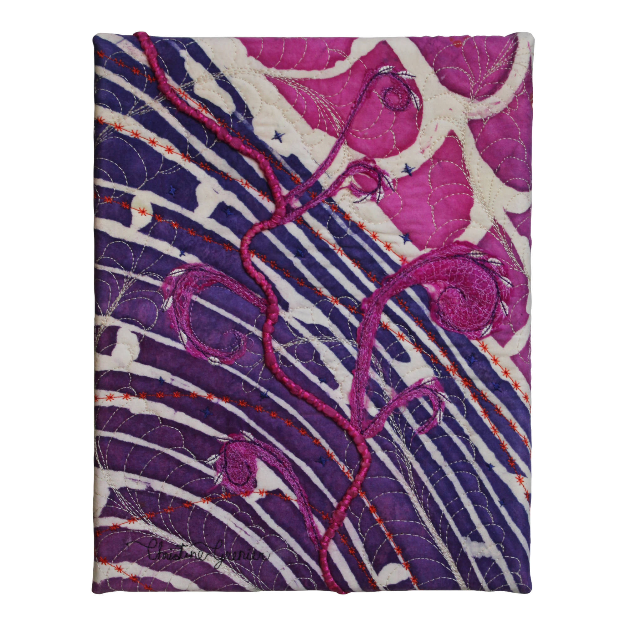 Tableau d'art textile Aller vers soi en batik et fibre de soie brodée.