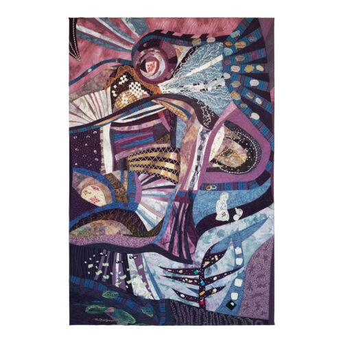 Tableau abstrait d'art textile Des souris dans ma tête de Christine Grenier ayant plusieurs symboles sur la santé mentale, la schizophrénie et toutes ses tensions.
