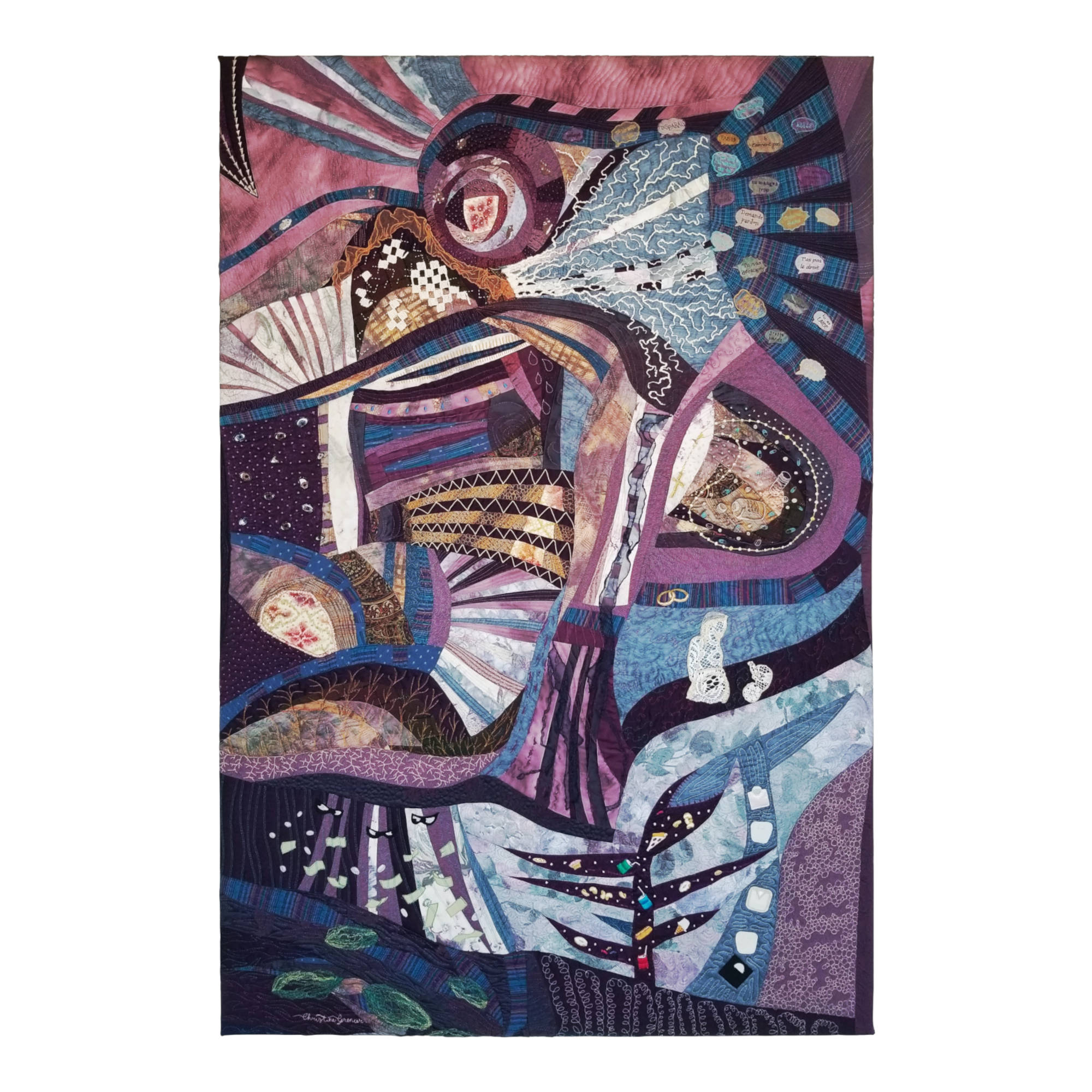 Tableau abstrait d'art textile Des souris dans ma tête de Christine Grenier ayant plusieurs symboles sur la santé mentale, la schizophrénie et toutes ses tensions.