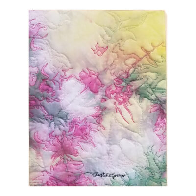 Tableau abstrait d'art textile Jardin suspendu où le temps semble s'être arrêté. Image floue suggérant des fleurs dans un espace irréel.