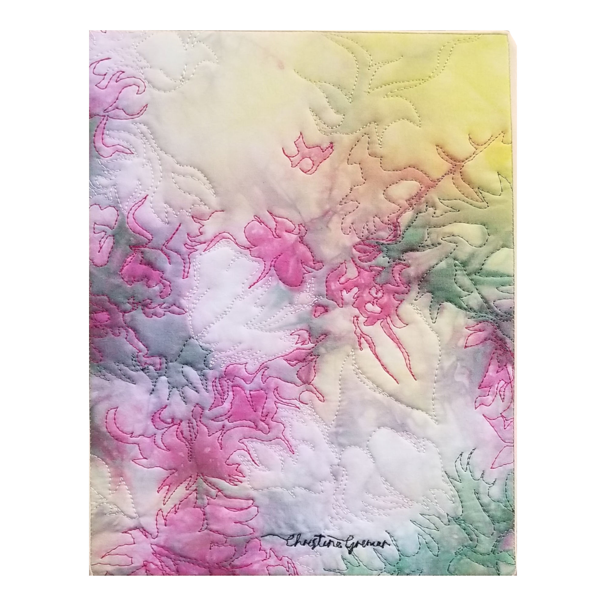 Tableau abstrait d'art textile Jardin suspendu où le temps semble s'être arrêté. Image floue suggérant des fleurs dans un espace irréel.