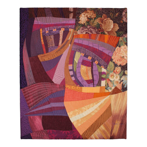 La Bête, tableau d'art abstrait symbolique sur l'ombre et la lumière. Art textile violet, orange et jaune.