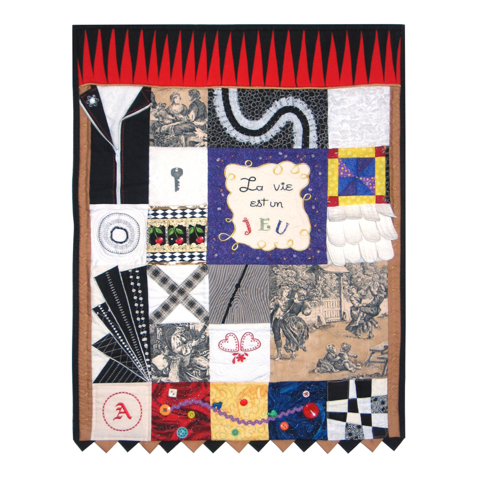 Pièce d'art textile La vie est un jeu de Christine Grenier représentant un tableau de jeu dans lequel on retrouve des symboles de différents jeux.