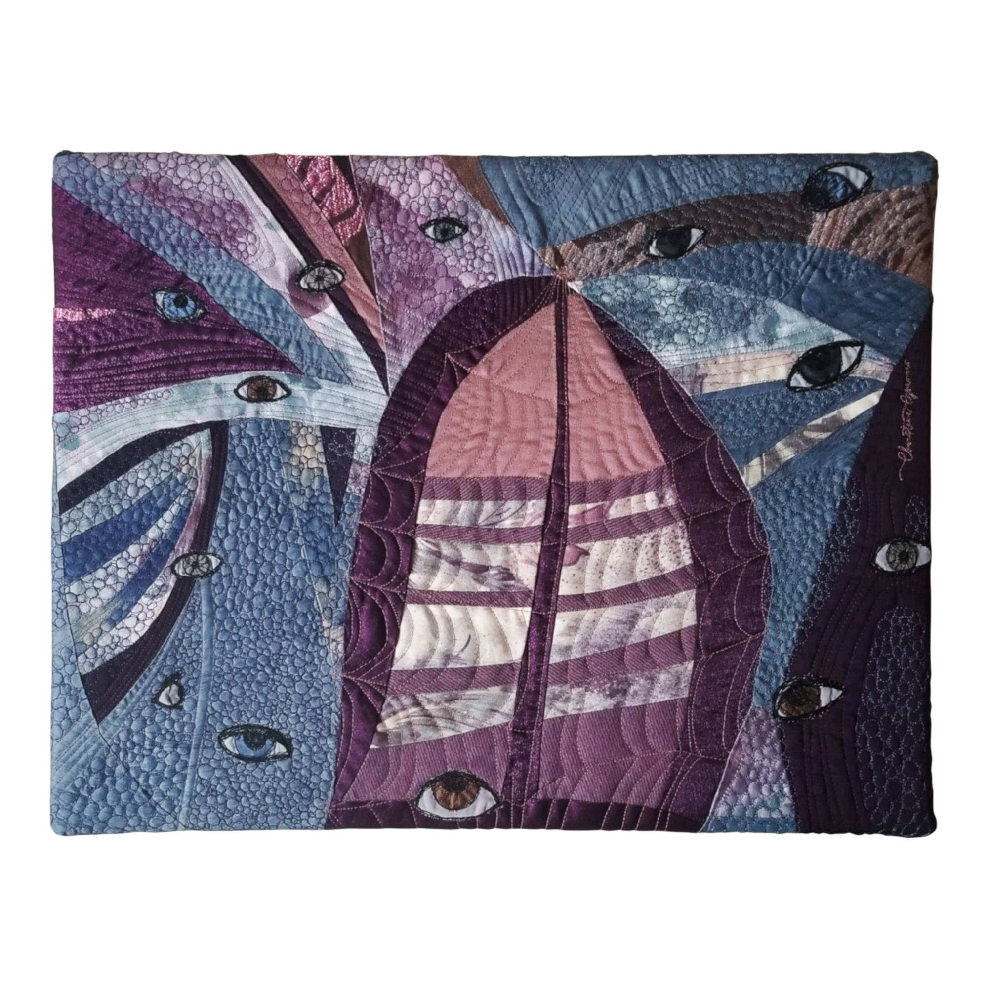 Tableau d'art textile Leurs regards de Christine Grenier symbolisant la peur du jugement.