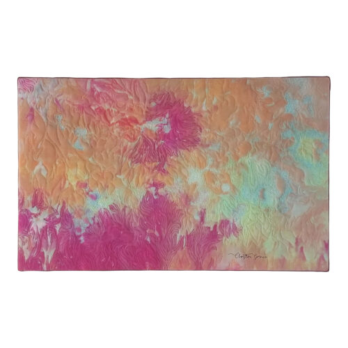 Tableau d'art abstrait en tissu teint, aux couleurs vives et broderie intuitive inspirant un moment de bonheur.