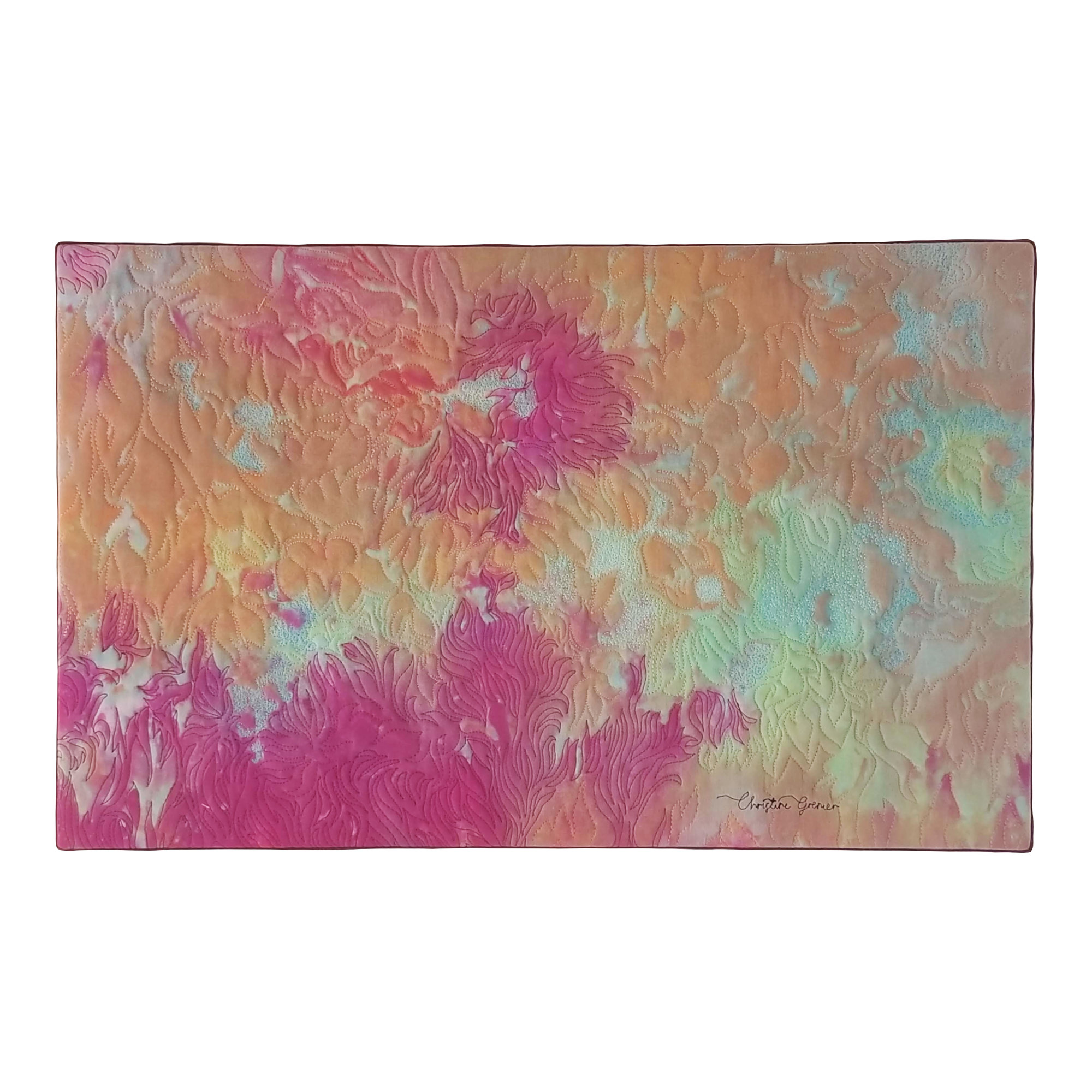 Tableau d'art abstrait en tissu teint, aux couleurs vives et broderie intuitive inspirant un moment de bonheur.