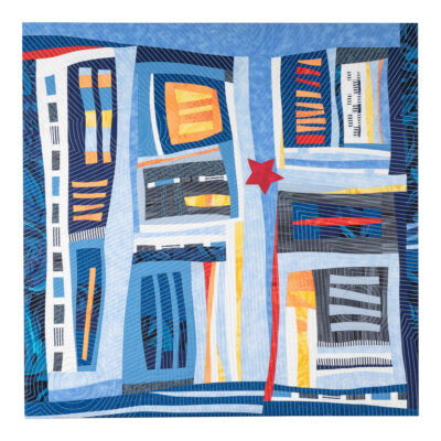 Pièce d'art textile Vous êtes ici. Art abstrait géométrique avec des bandes de tissus à l'horizontale et à la verticale. Couleurs: différents tons de bleu en majorité, orange, jaune, rouge.