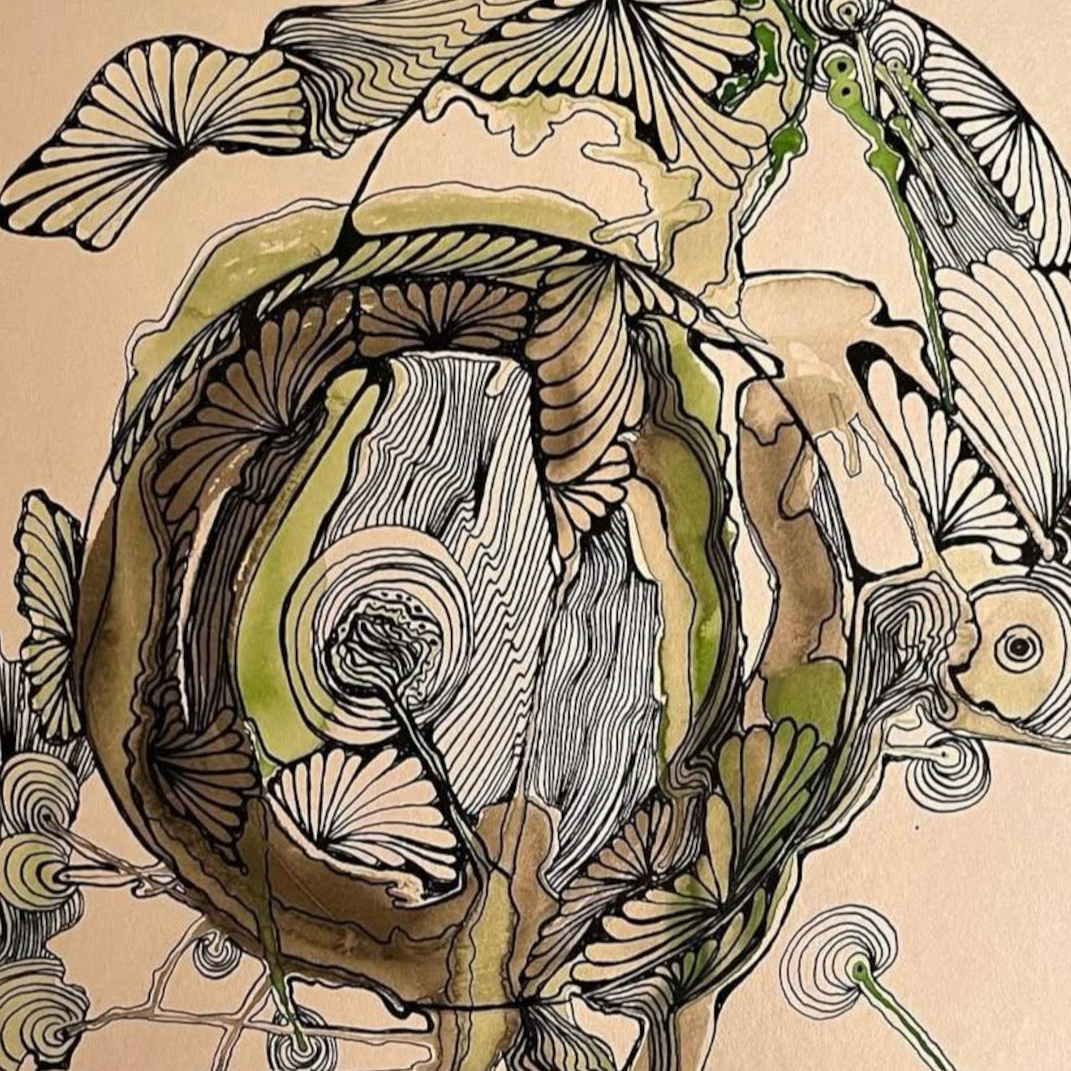 Détail d'un tableau à l'encre et l'aquarelle de Vicky Bolduc à la Galerie Boutique Christine Grenier